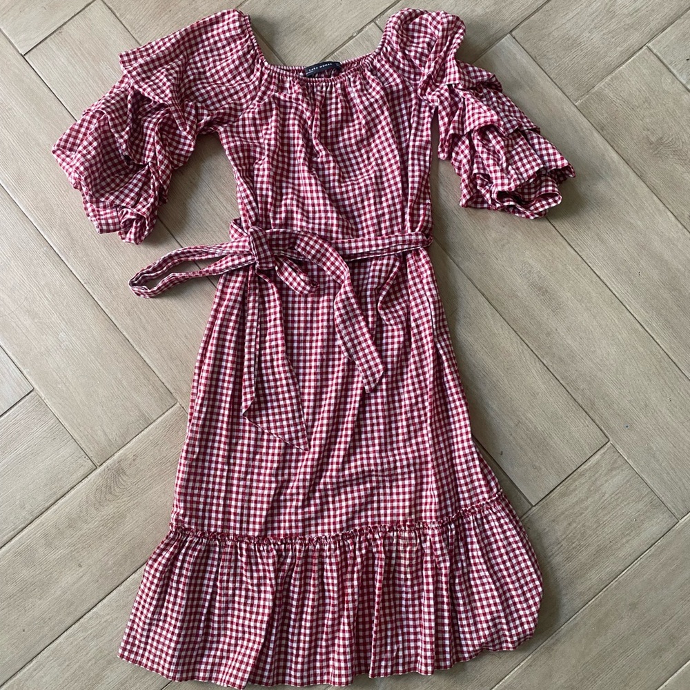 Zara Red Gingham Ruffle Midi Dress with Tie Waist
